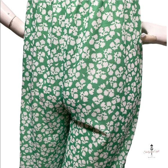 VINTAGE Handmade 70s 80s OOAK Green Polyester Floral SpaghettiStrap Jumpsuit S M - Picture 7 of 16